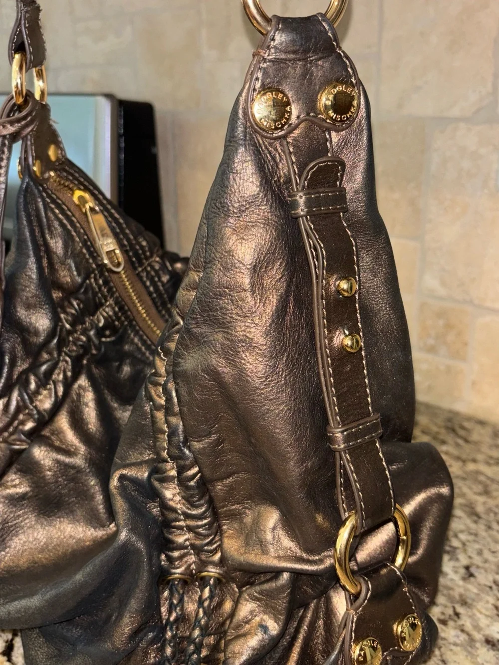 Y2K Vintage Badgley Mischka Leather Hobo Bag Gold